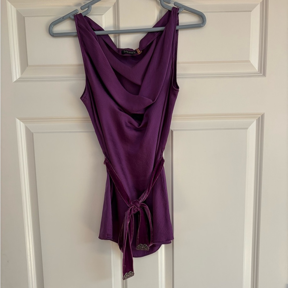 Tahari Gorgeous Purple Cowl Neck Top With Velvet Tie